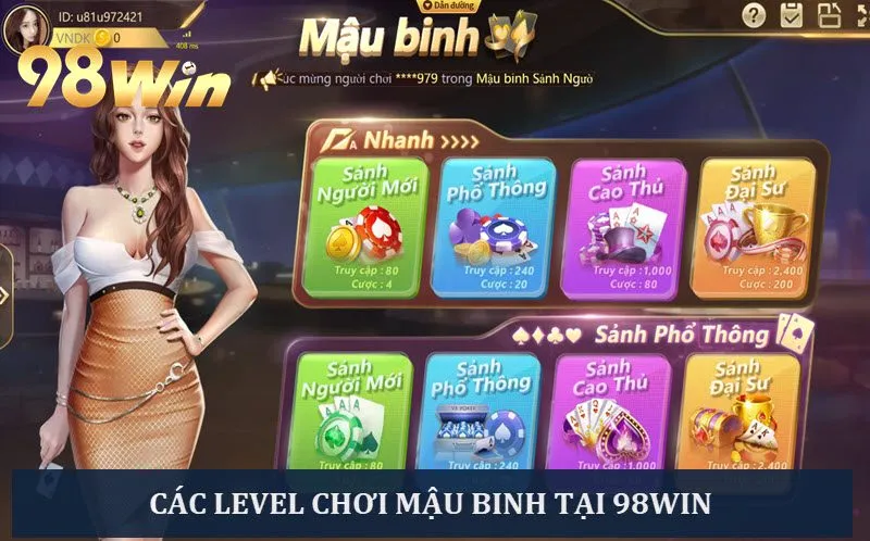 Các level chơi mậu binh cho bạn lựa chọn