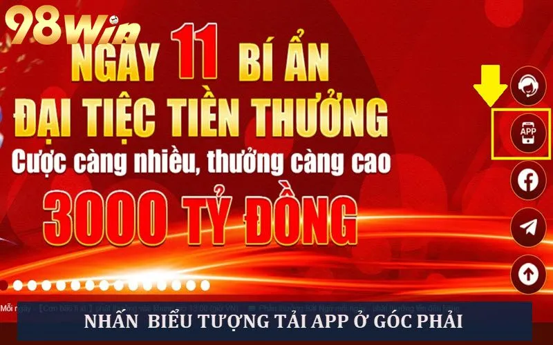 Nhấn vào biểu tượng tải app 98 win ở góc phải màn hình