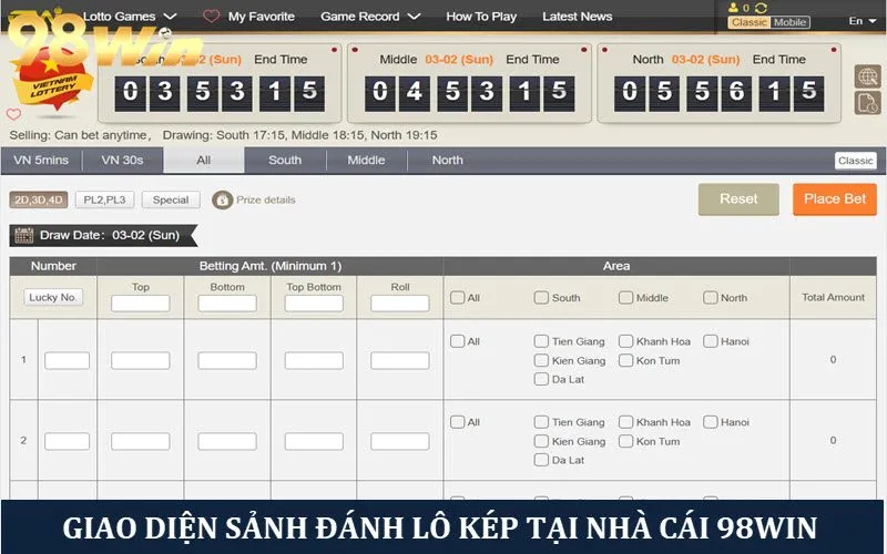 Giao diện sảnh chơi đề kép tại nhà cái 98win